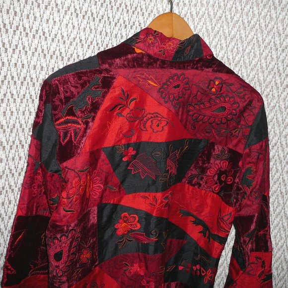 Chico's 1 Silk Embroidered Red Black Jacket M - Picture 5 of 9